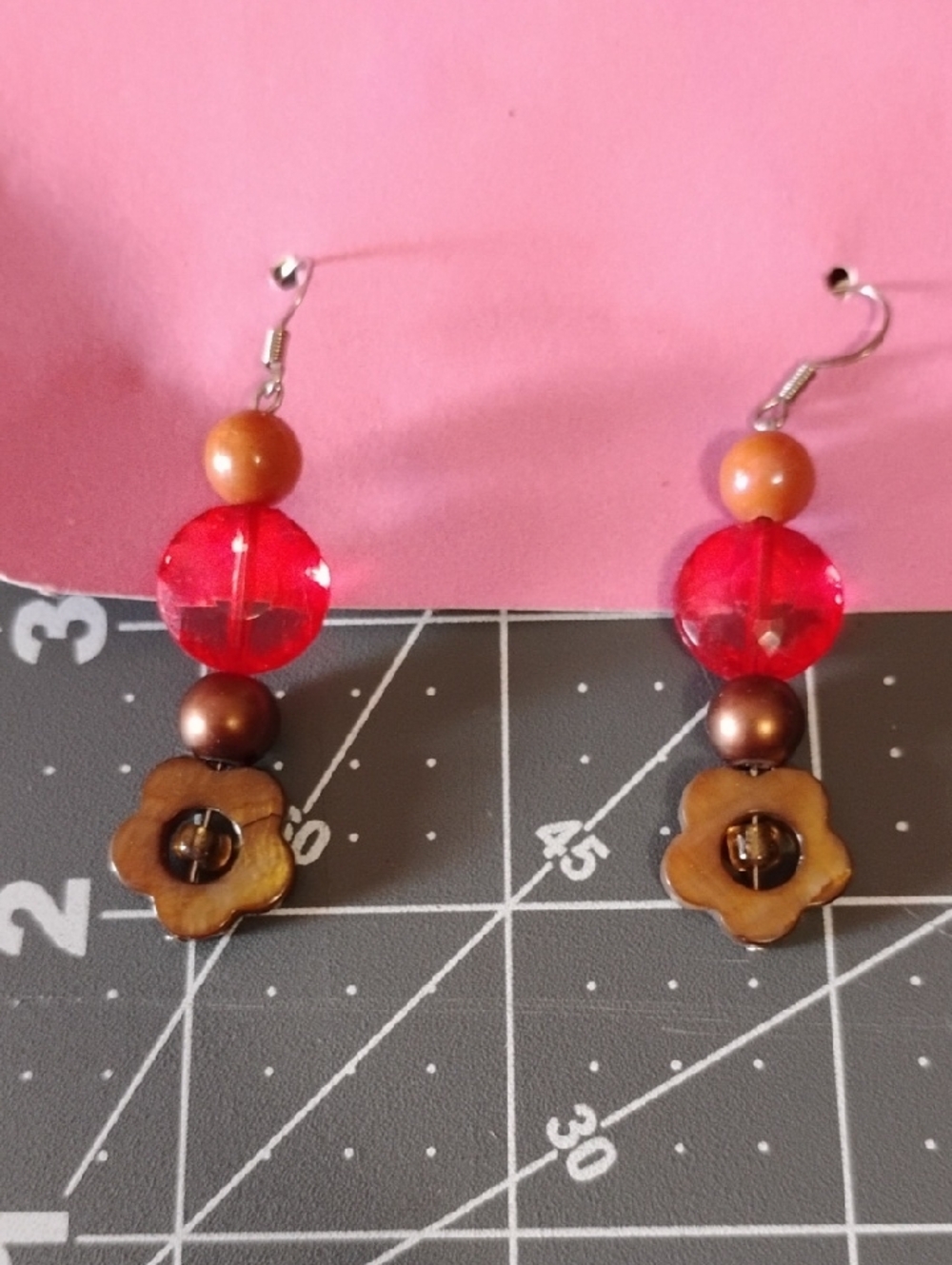 Handmade Pink & Brown Floral Drop Earrings